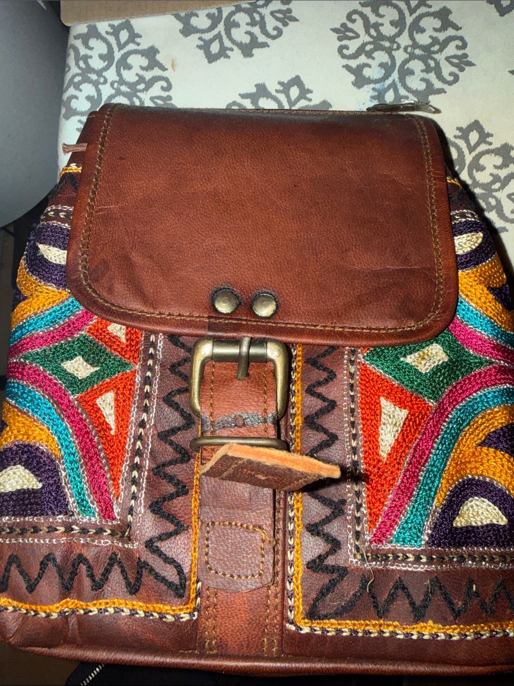 Boho Embroidered Leather Flap Backpack - Brown